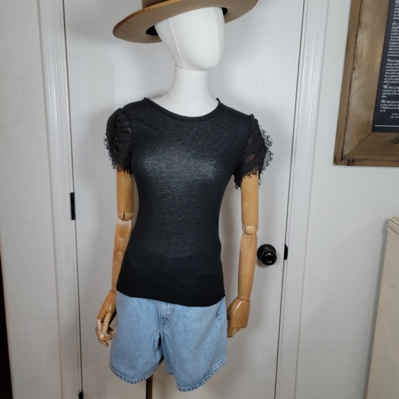 Alice + Olivia Tops - Alice + Olivia Black Sheer Sleeve Tee 100% Silk Detail Size XS